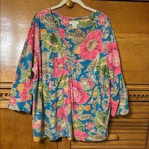 Caribbean Joe 3/4 Sleeve Teal Fuchsia Floral Tropical Shirt Vibrant Casual